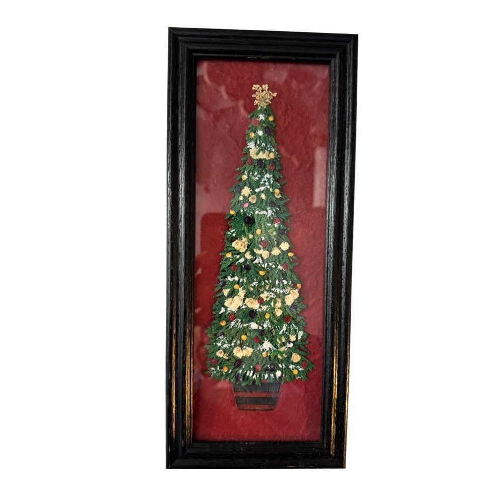 Pressed Flower Christmas Tree Wall Art In Black Wooden Frame 12 x 5"